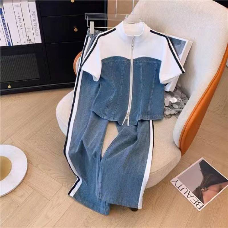 New Women's Contrasting Color Stand Up Collar Zipper Two-piece Top, Wide Leg Pants, Sporty High-end Slimming Two-piece Set_autovado.com