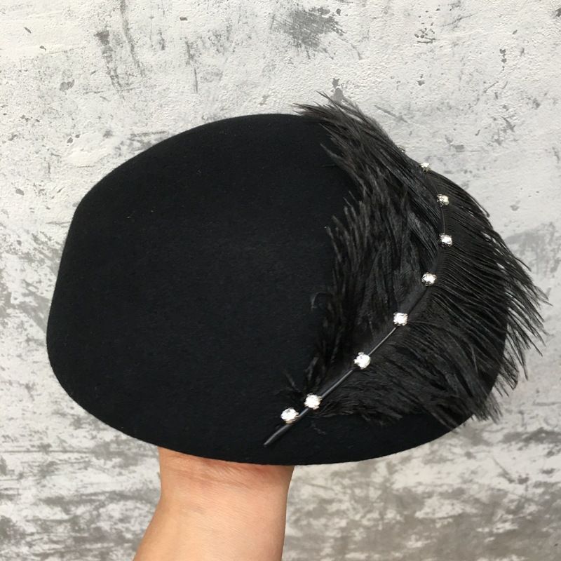 Hot Sale Women Vintage Beret Decorate Winter Ladies Fedoras Socialite Black Pearls Feather Wool Felt Fascinator Pillbox Tilt Hat_autovado.com