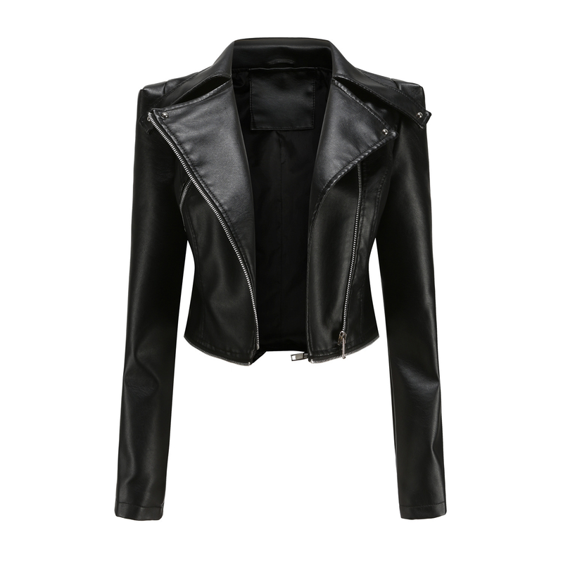 Women's leather jacket Long sleeve PU short jacket with hem removable jacket biker jacket_autovado.com