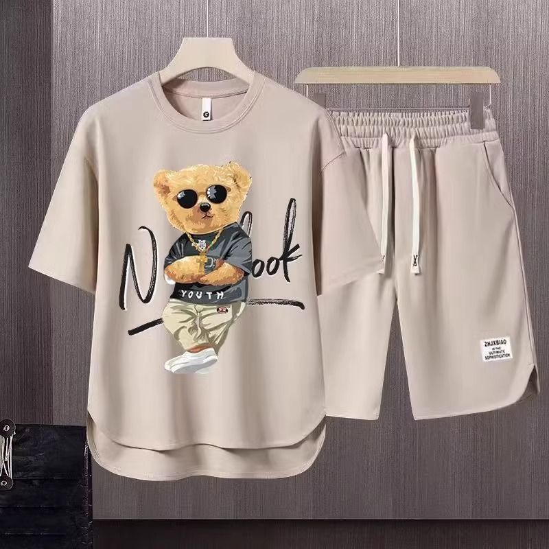 Men's Clothing 2024 Waffle Casual Summer Suit Men's Loose Teen Short sleeved T shirt Shorts Handsome Two piece Suit_autovado.com
