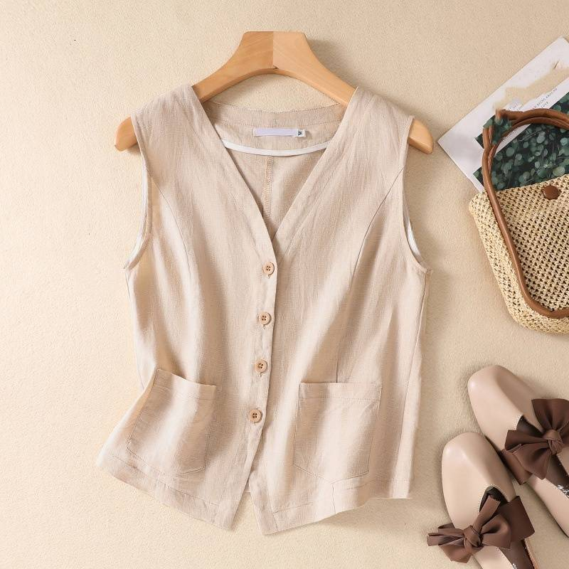 Women's Clothing new fashion short cotton and linen vest single layer vest retro casual ladies sleeveless cardigan top_autovado.com
