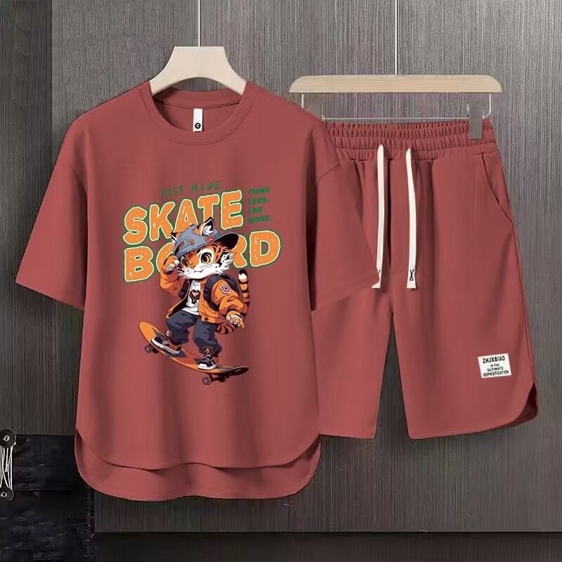 Men's Clothing 2024 Waffle Casual Summer Suit Men's Loose Teen Short sleeved T shirt Shorts Handsome Two piece Suit_autovado.com