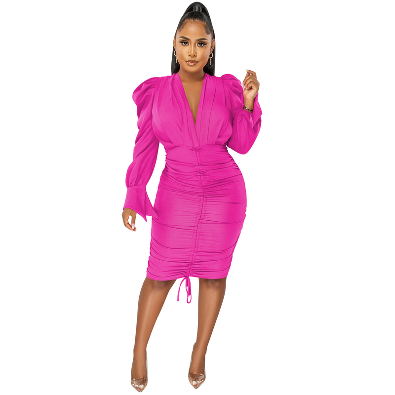 Women's Clothing fashion casual solid color long-sleeved pleated V-neck dress for women_autovado.com