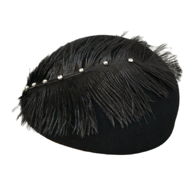 Hot Sale Women Vintage Beret Decorate Winter Ladies Fedoras Socialite Black Pearls Feather Wool Felt Fascinator Pillbox Tilt Hat_autovado.com