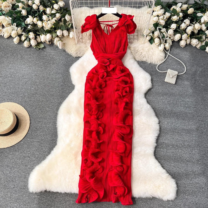 Women's Banquet high-end dress high-end light luxury niche pleated three-dimensional ruffled slim long temperament dress for women_autovado.com