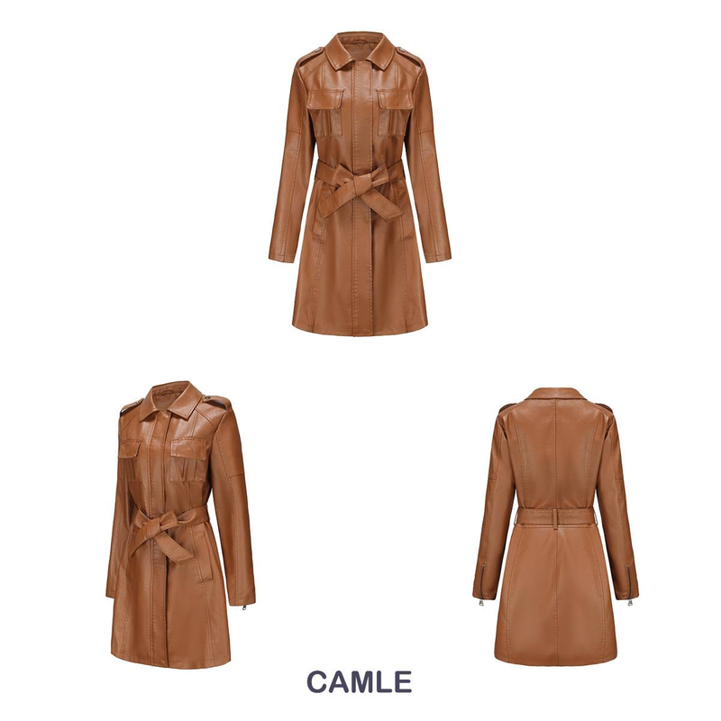 New mid-length leather coat with belt long-sleeved leather trench coat fashionable coat woman_autovado.com