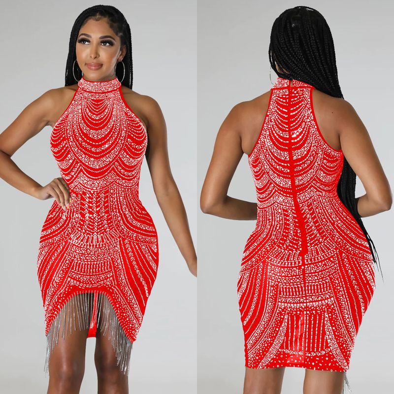 Women's Solid Color Hot Diamond Sleeveless Halter Neck Short Skirt Dress For Women_autovado.com