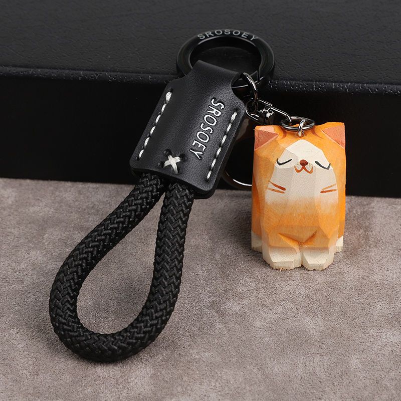 Hand Carved Wood Carved Cat Peace Six Word Mantra Braided Keychain Chain Ring Car Schoolbag Pendant Exquisite Pendant_autovado.com