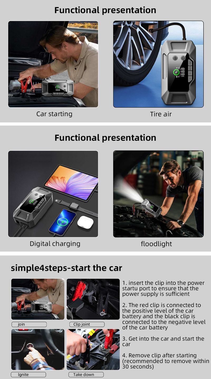 Jump Starter And Tire Inflator, 26000 MAh, Rechargeable USB Emergency Battery Booster With Air Compressor, Multiple_autovado.com