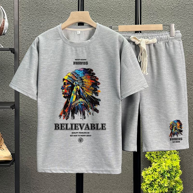 Men's Clothing waffle polo shirt short sleeved T shirt set summer loose clothes tops and pants suits for men_autovado.com