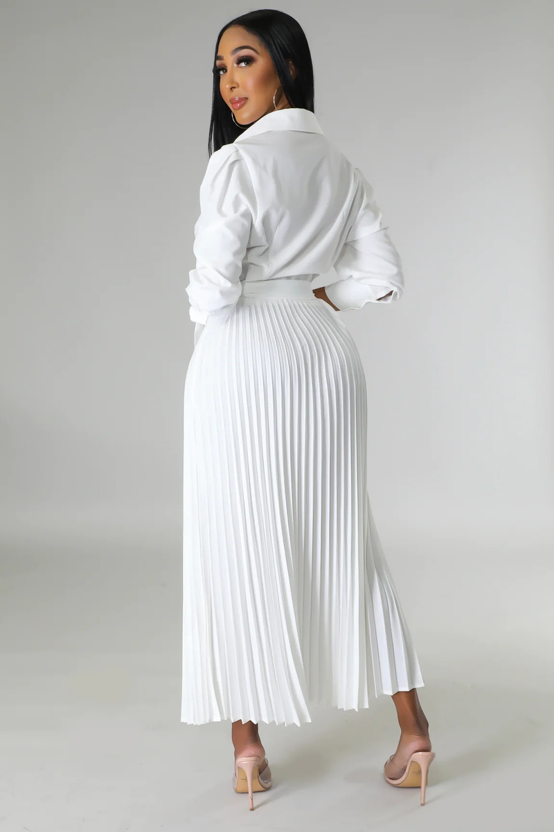 Long sleeved Polo collar high waist fashion casual pleated women's dress_autovado.com