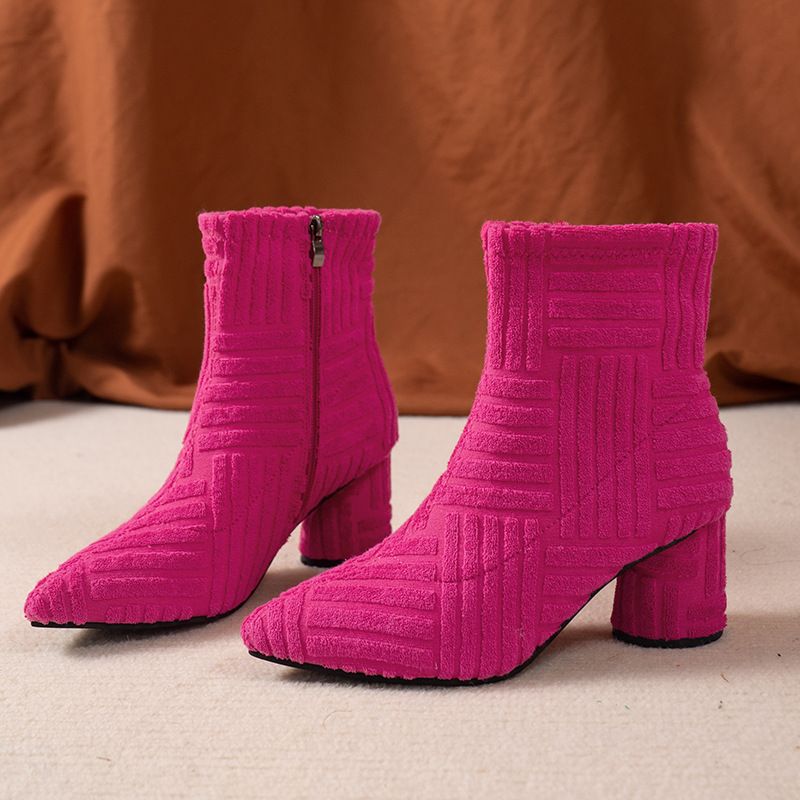 New autumn and winter boots foreign trade large size women's pointed high heel fashion towel boots side zipper thick heel boots_autovado.com