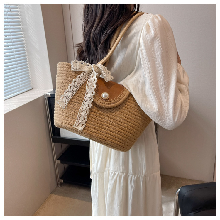 Chic Handbags 2024 New Woven Holiday Shoulder Bag Fashionable and Versatile Large-capacity Tote Bag Beach Bucket Bag_autovado.com