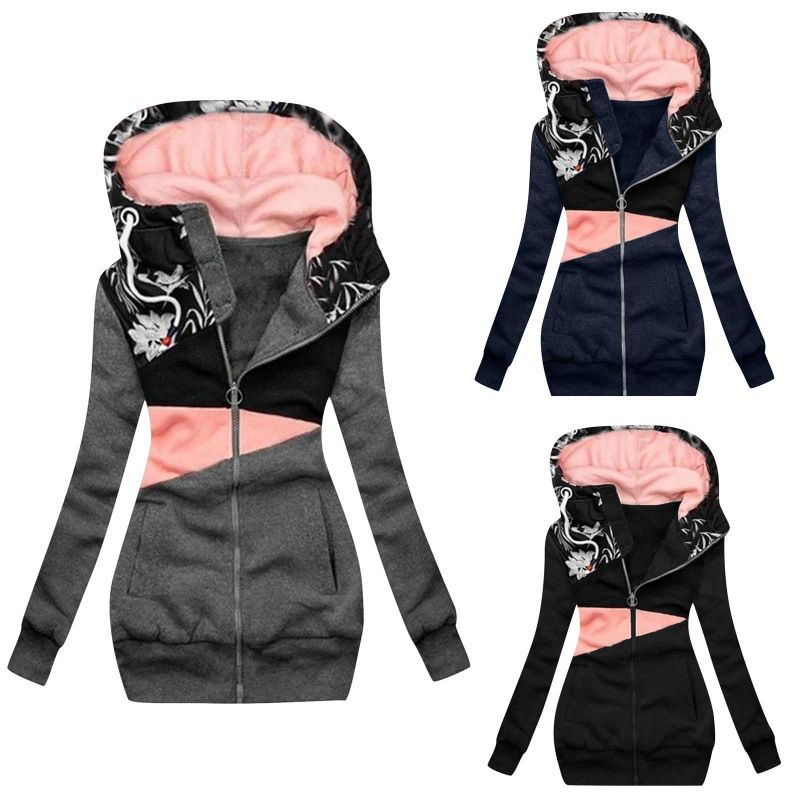 Women's Clothing women's sweatshirt zipper color matching print hooded long sleeved jacket_autovado.com