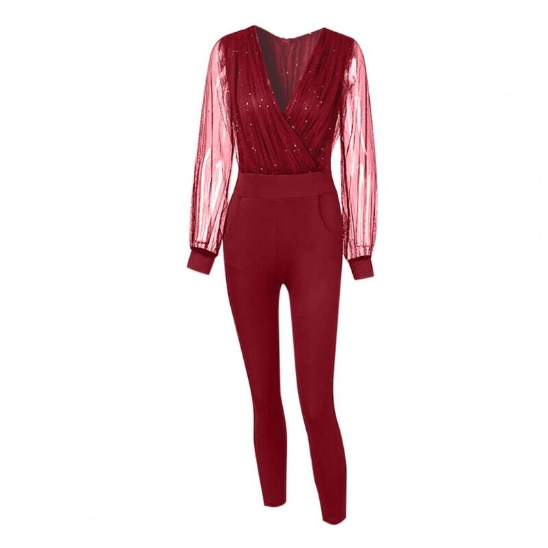 Women's Clothing new solid color V neck mesh slim long sleeved jumpsuit trousers large stock_autovado.com