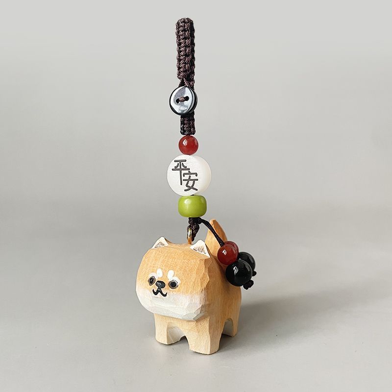 Hand Carved Wood Carved Orange Cat Shiba Inu Mi Ping An Six Character Mantra Woven Keychain Chain Ring Car Schoolbag Pendant Ornament_autovado.com