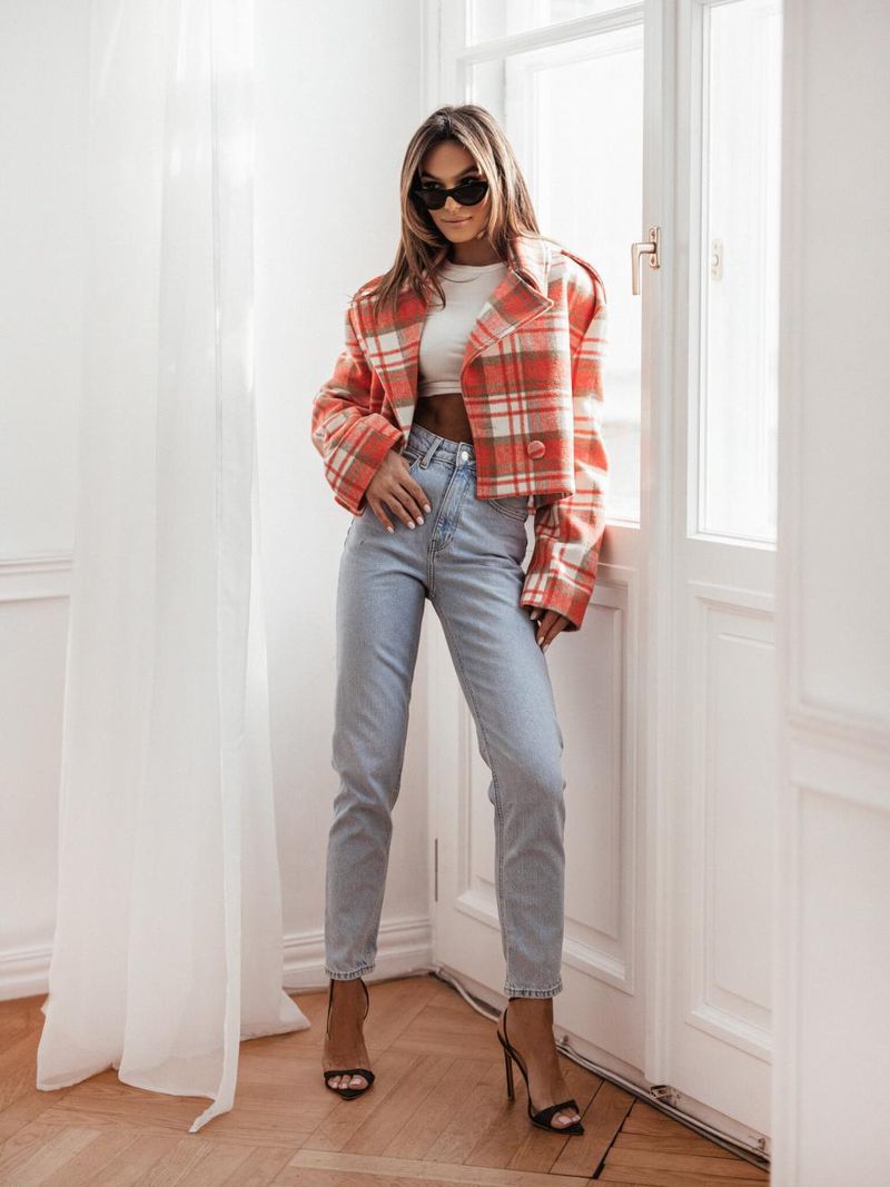 Women's Clothing New 2024 Fashion Suit Collar Plaid Printed Wool Coat_autovado.com