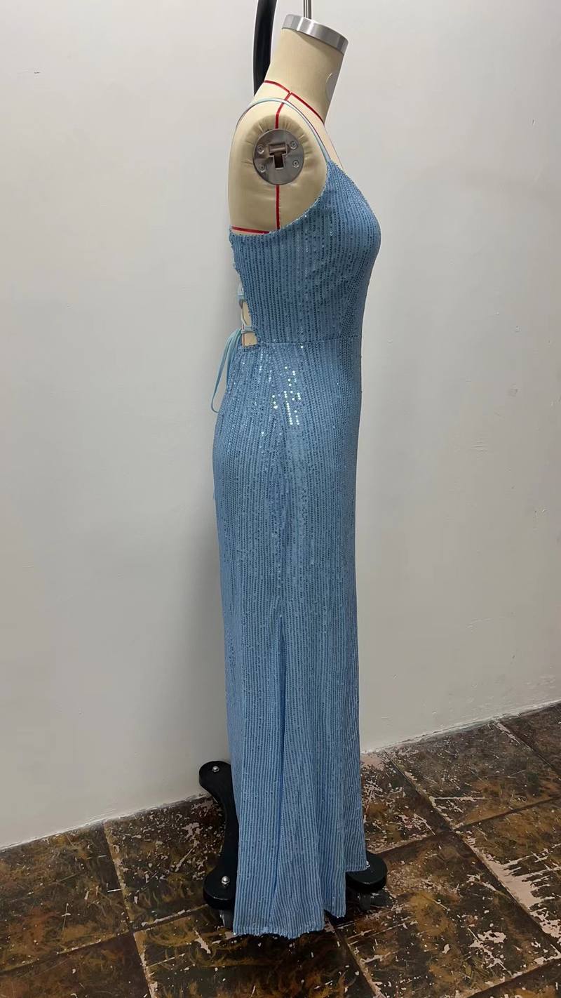 European and American party nightclub evening dress oblique shoulder slit sky blue sequined dress_autovado.com