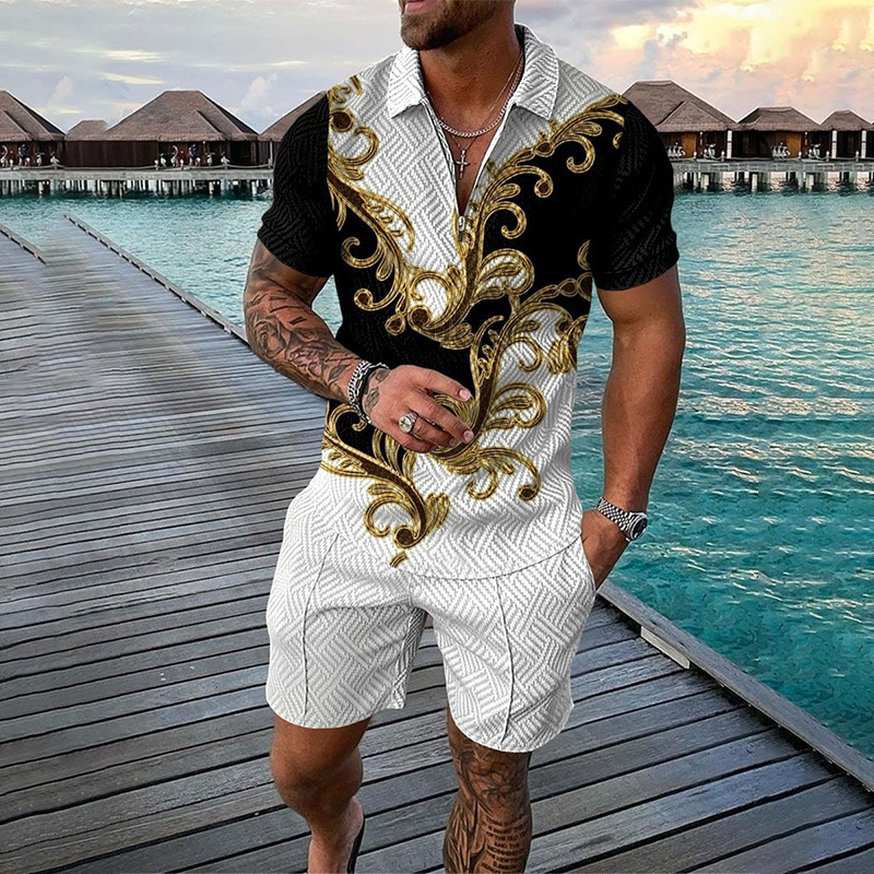 Men's Clothing fashion casual suit 3D printed zipper short sleeve polo shirt shorts 2-piece set_autovado.com