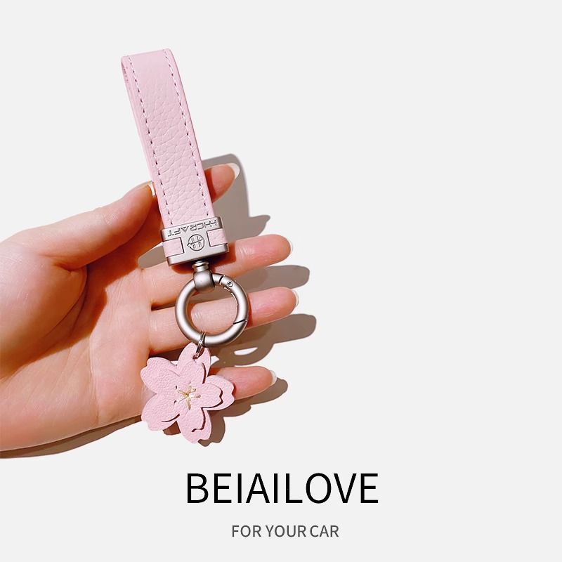 Sakura Car Keychain Women's Fashion Personality High End Genuine Leather Keychain Car Key Pendant Car Bag Ornaments_autovado.com