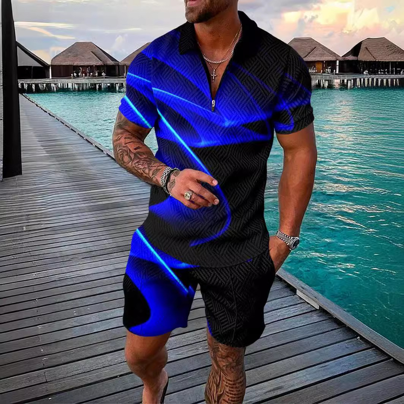 Men's Fashion Casual Suit 3D Printed Zipper Short Sleeve Polo Shirt Shorts 2-Piece Set_autovado.com