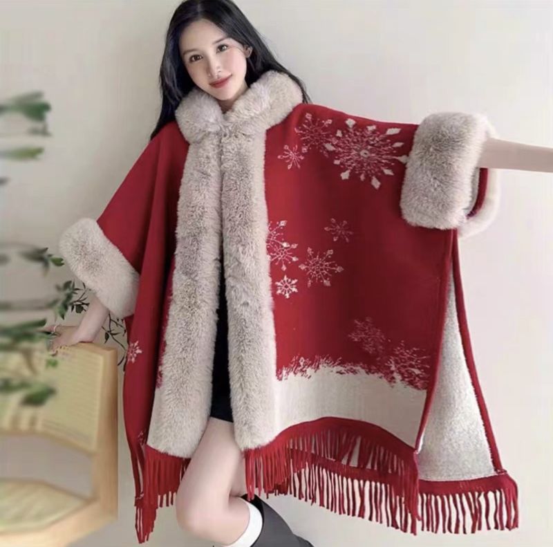 loose plaid plus velvet thick fur collar knitted shawl cape women's woolen shawl coat_autovado.com