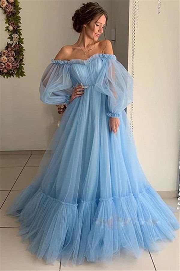 Women's 2023 off-the-shoulder mesh long sleeve wedding dress large hem dress Bridal Wear_autovado.com