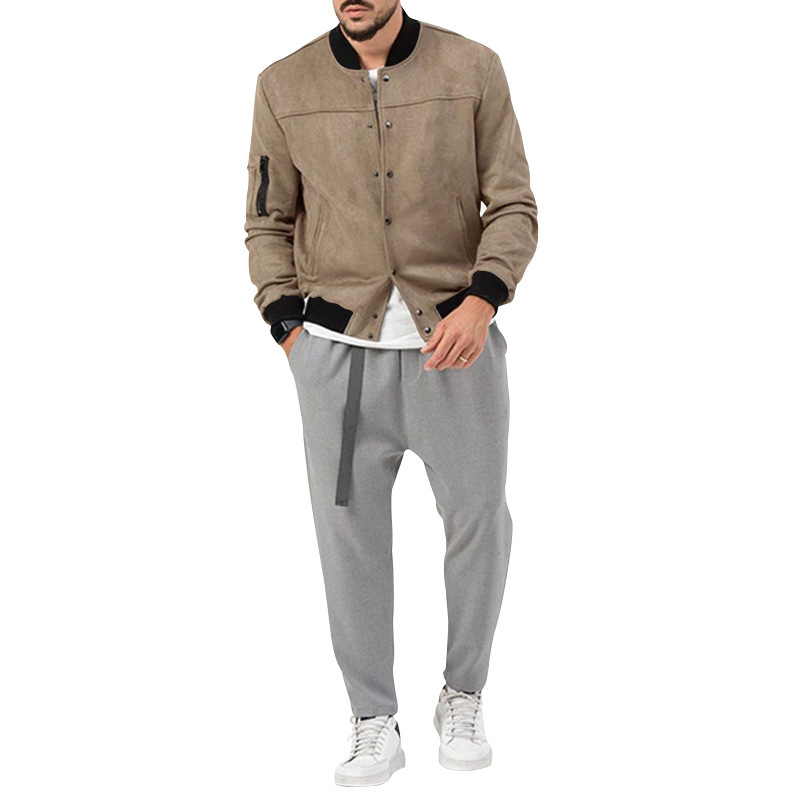 Man's clothing Suede stand collar men's button-up cardigan jacket casual trendy coat for men_autovado.com