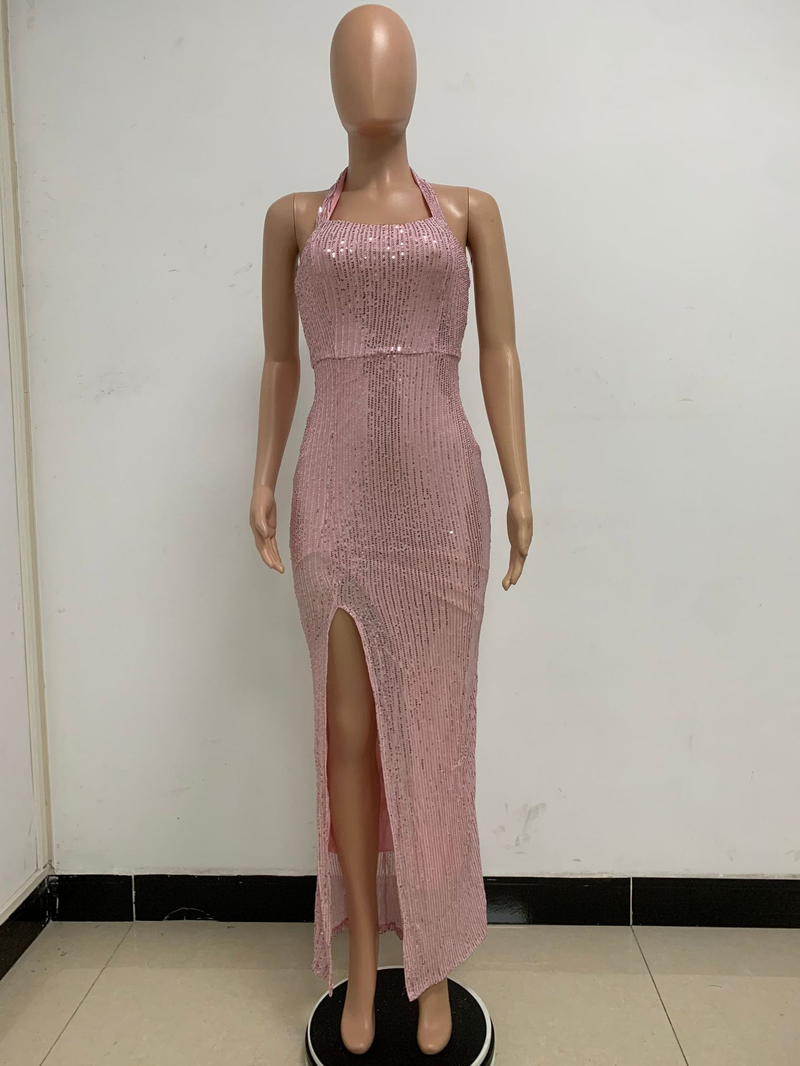 Women's slit sleeveless hot girl dress female halter neck backless sequin dress skirt_autovado.com