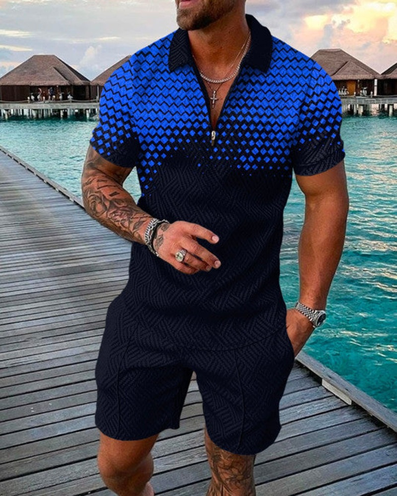 Men's Fashion Casual Suit 3D Printed Zipper Short Sleeve Polo Shirt Shorts 2-Piece Set_autovado.com