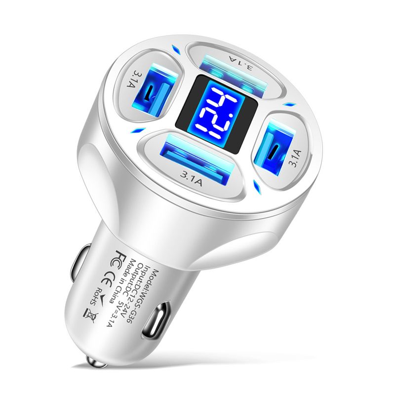 3.1A In Digital Display 4-Port Vehicle Charger With Voltage, One Pull Four Multi Port Car Charging_autovado.com