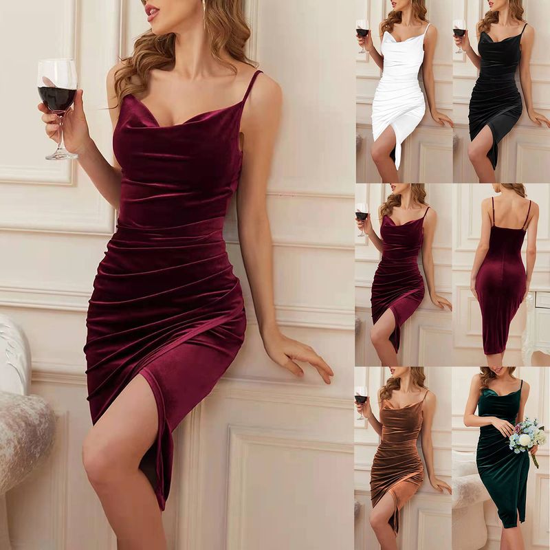 Women's temperament slit pleated velvet halter dress evening dress woman_autovado.com