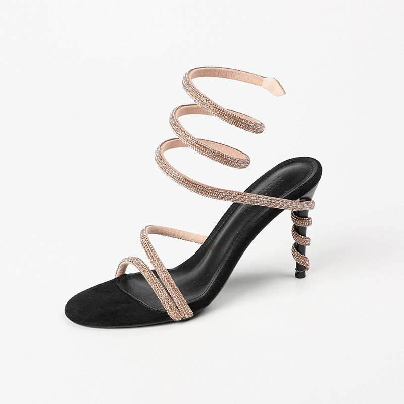 Women's fashion black gold open-toed serpentine loop sandals with fine heels and high heels_autovado.com