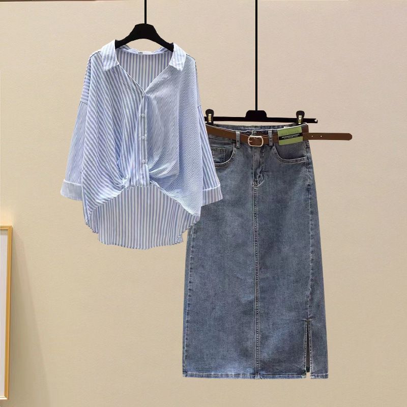 Women's Clothing Summer suit new striped shirt with high waist denim skirt two piece suit_autovado.com