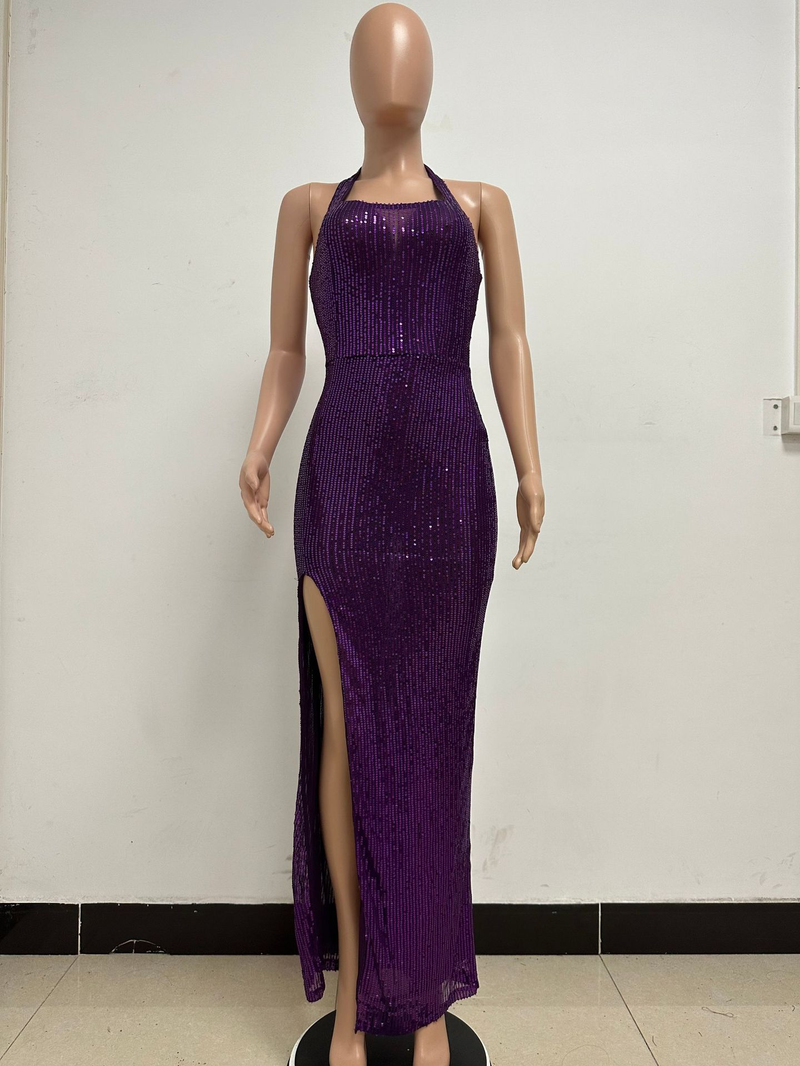 Women's slit sleeveless hot girl dress female halter neck backless sequin dress skirt_autovado.com