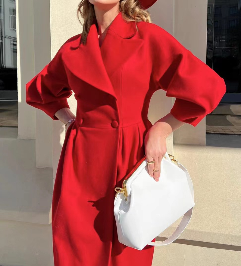 Women's woolen coat intellectual wind pocket lapel winter new solid color lantern sleeve female coat_autovado.com