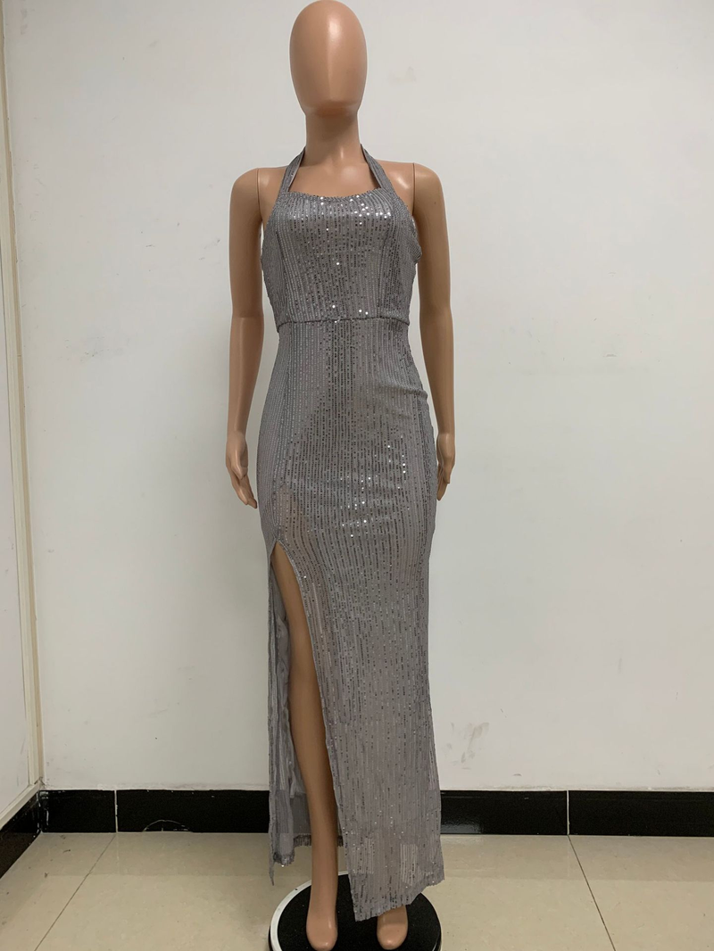 Women's slit sleeveless hot girl dress female halter neck backless sequin dress skirt_autovado.com
