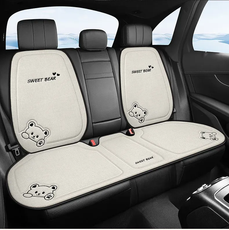 Fashion Linen Cartoon Bear Women's Cute Anti-slip Breathable Car Seat Protect Cushion Cover Universal_autovado.com
