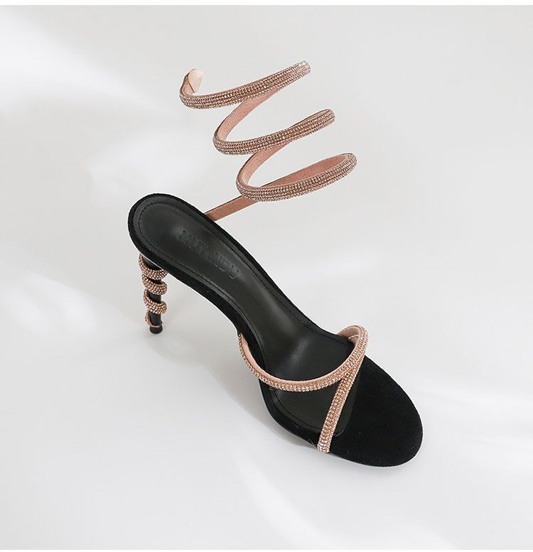 Women's fashion black gold open-toed serpentine loop sandals with fine heels and high heels_autovado.com