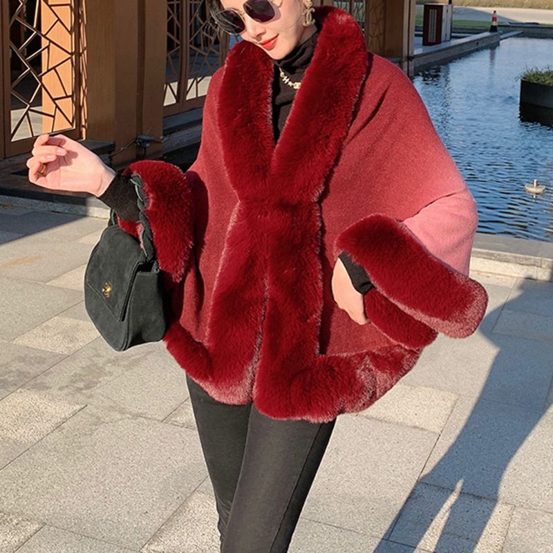 Women's Clothing New rex rabbit fur collar gradien autumn and winter shawl cape large size women's knitted cardigan jacket_autovado.com
