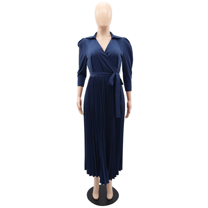 Long sleeved Polo collar high waist fashion casual pleated women's dress_autovado.com