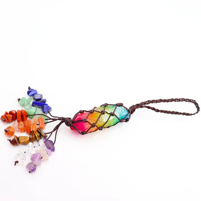 Natural Colorful Stone Car Hanging Crystal Gravel Tassel Dream Net Woven Pendant Car Indoor Yoga Ornaments_autovado.com