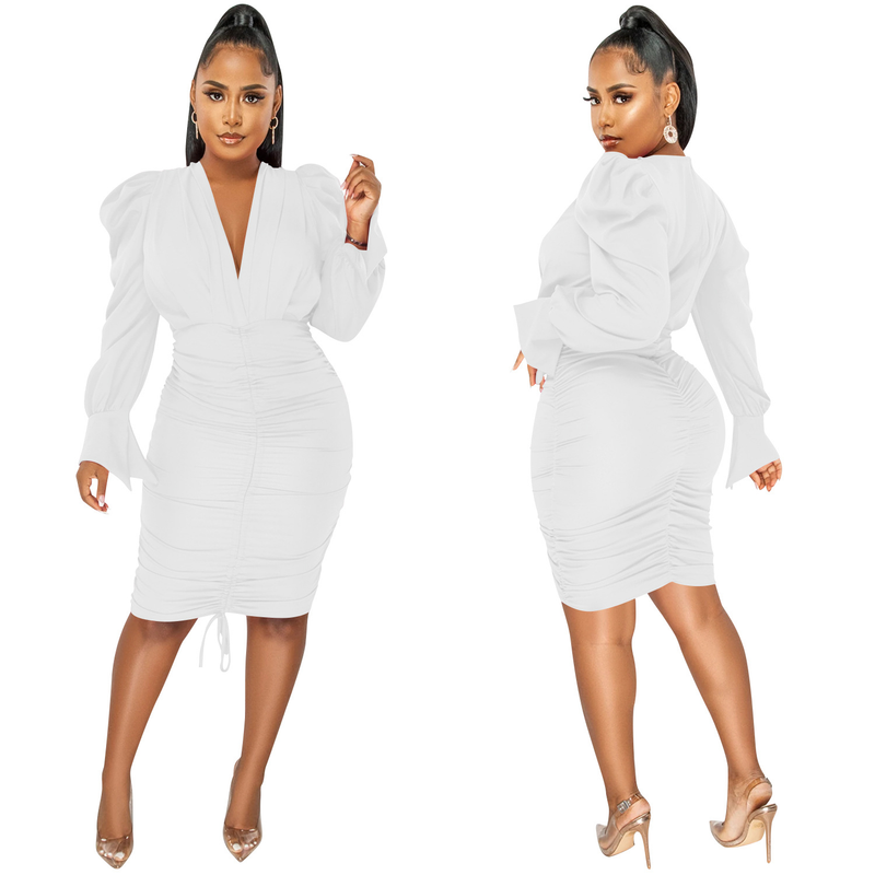 Women's Clothing fashion casual solid color long-sleeved pleated V-neck dress for women_autovado.com