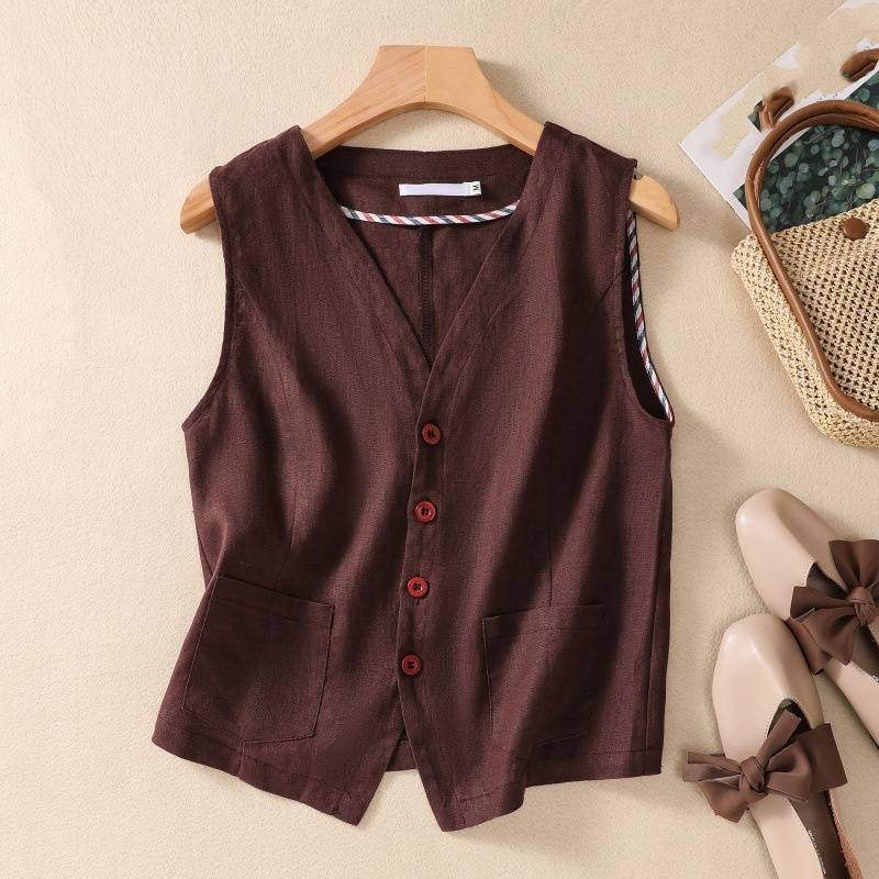 Women's Clothing new fashion short cotton and linen vest single layer vest retro casual ladies sleeveless cardigan top_autovado.com
