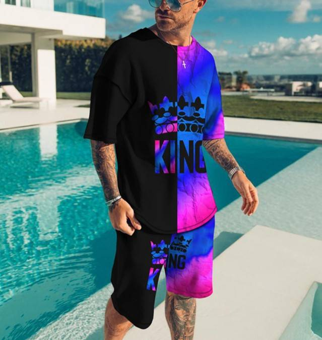 Men's Clothing shorts loose casual short-sleeved suit color matching KING printed T-shirt_autovado.com