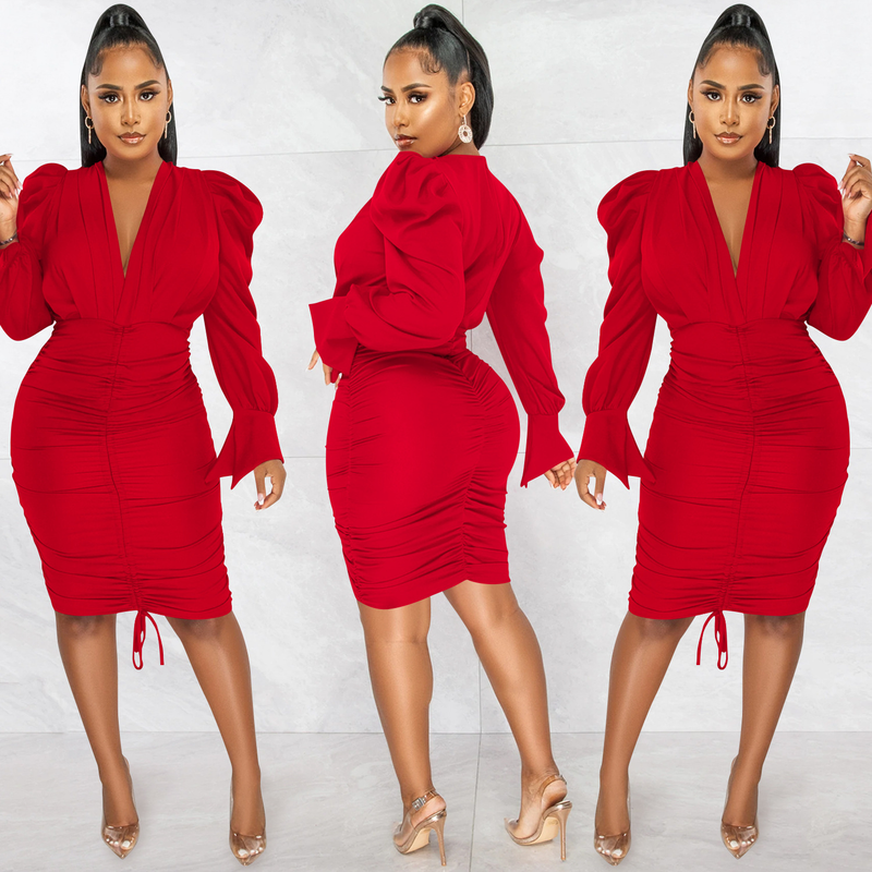 Women's Clothing fashion casual solid color long-sleeved pleated V-neck dress for women_autovado.com