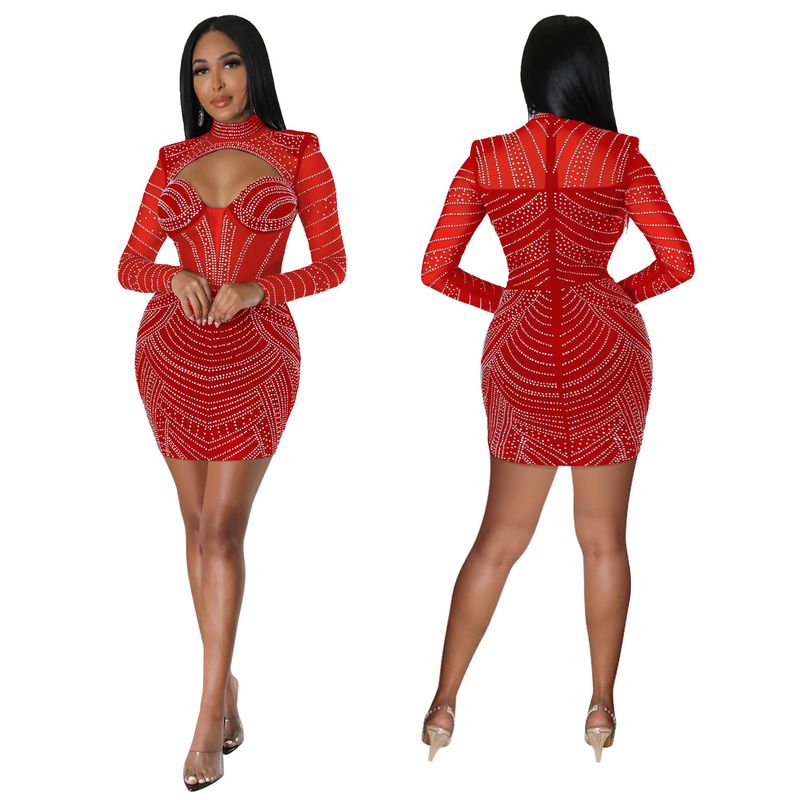 Women's Clothing round neck long-sleeved dress with hollow design on the chest and rhinestone hip party dress_autovado.com