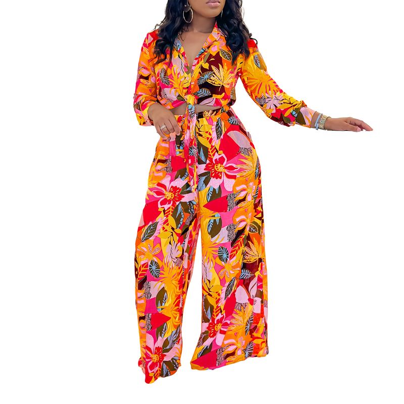 Women's Fashion Print Two-piece Suit Lapel Tie Shirt Wide Leg Pants Suit_autovado.com