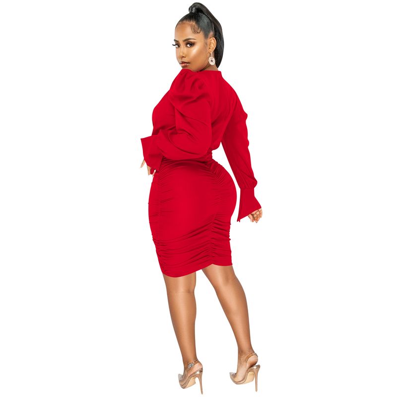 Women's Clothing fashion casual solid color long-sleeved pleated V-neck dress for women_autovado.com