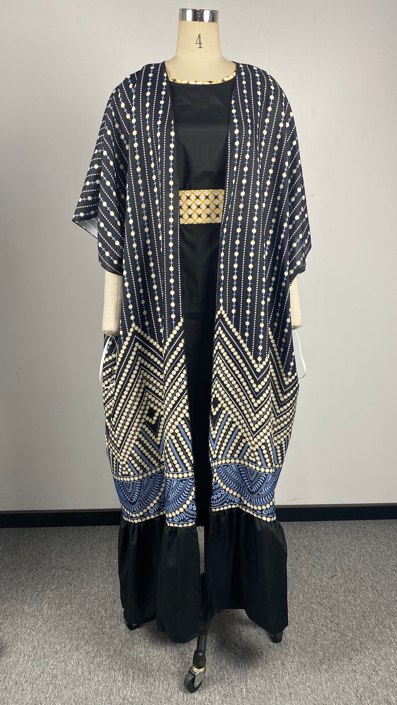 Women's printing fashionable urban casual bat-sleeve pleated vest printed with belt two-piece set_autovado.com